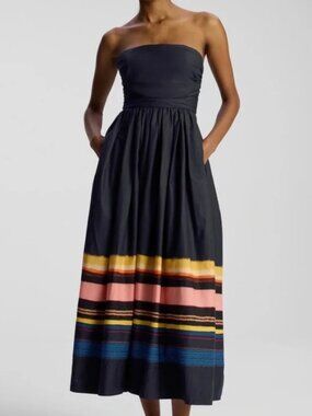A.L.C. Tate Strapless Midi Dress Navy Blue Stripes Cotton Poplin Lagos Print NWT